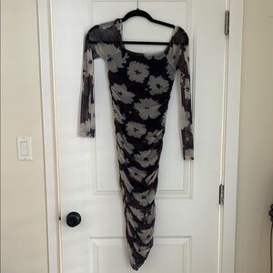 Topshop Brown Cream Floral Long Sleeve Mesh Ruched Dress
